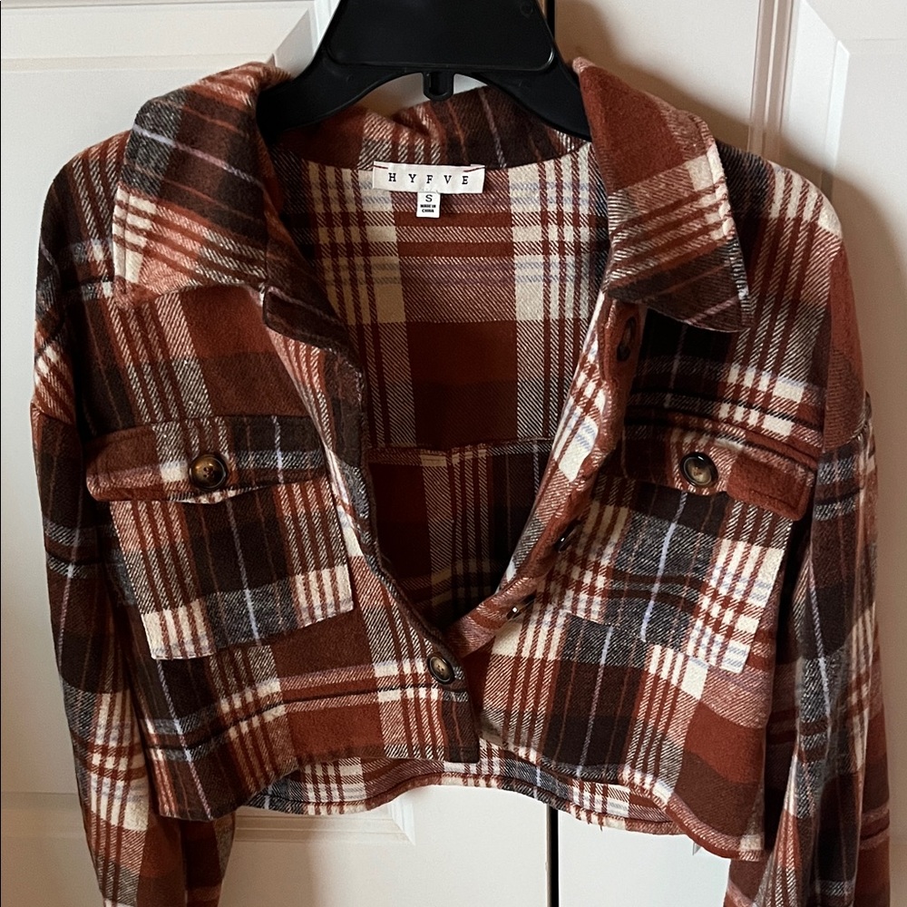 HYFVE Checkered Cropped Jacket in Brown and White